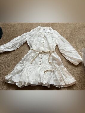 Olivaceous White Textured Button-Front Top/Dress with gold belt size medium